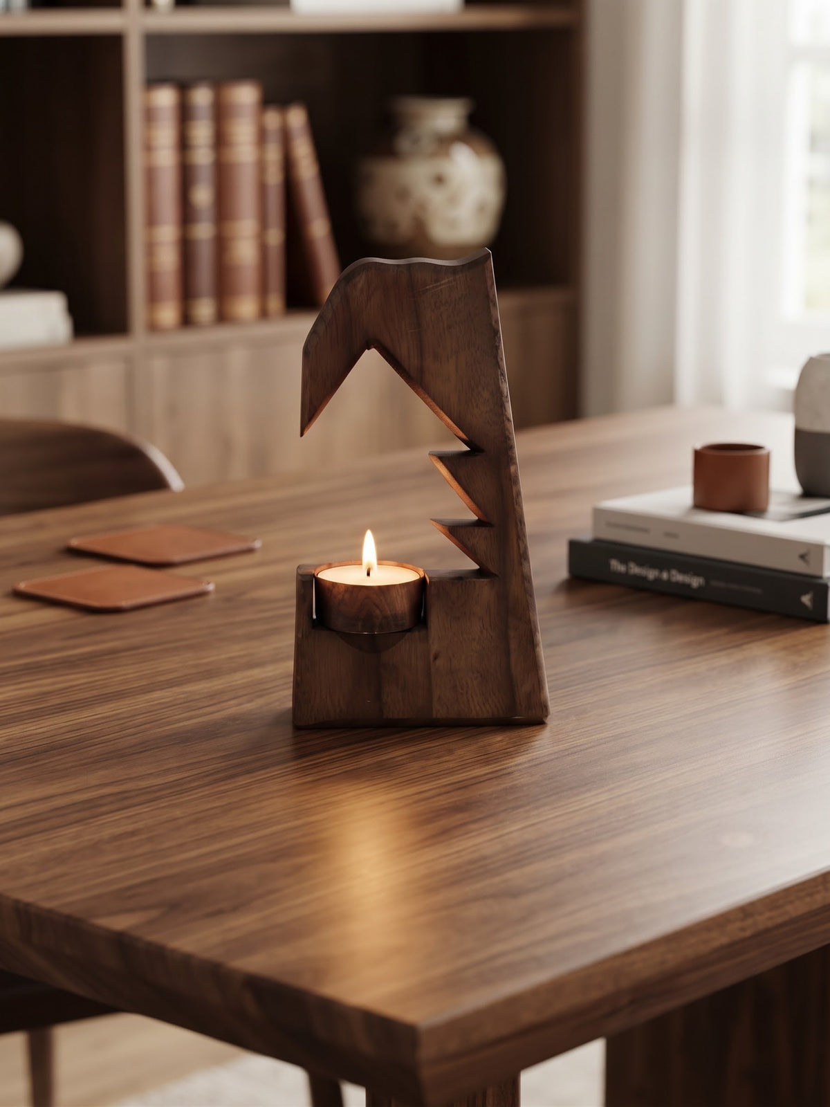Doğal Masif Ceviz Ağacı Dekoratif Mumluk - Modern Geometrik Tasarım