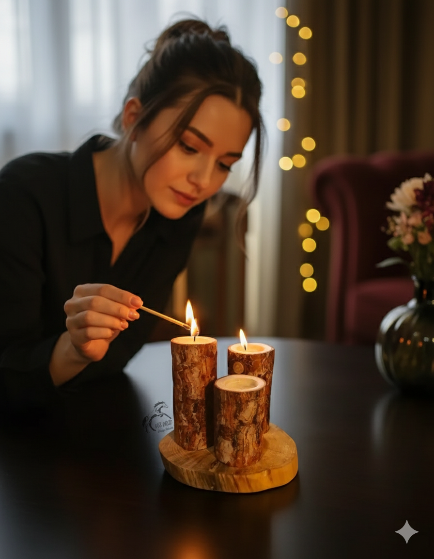 Dekoratif Mumluk, 3 Adet Kütük Mumluk, Ahşap Mumluk, Mumluk Set Ve Stand