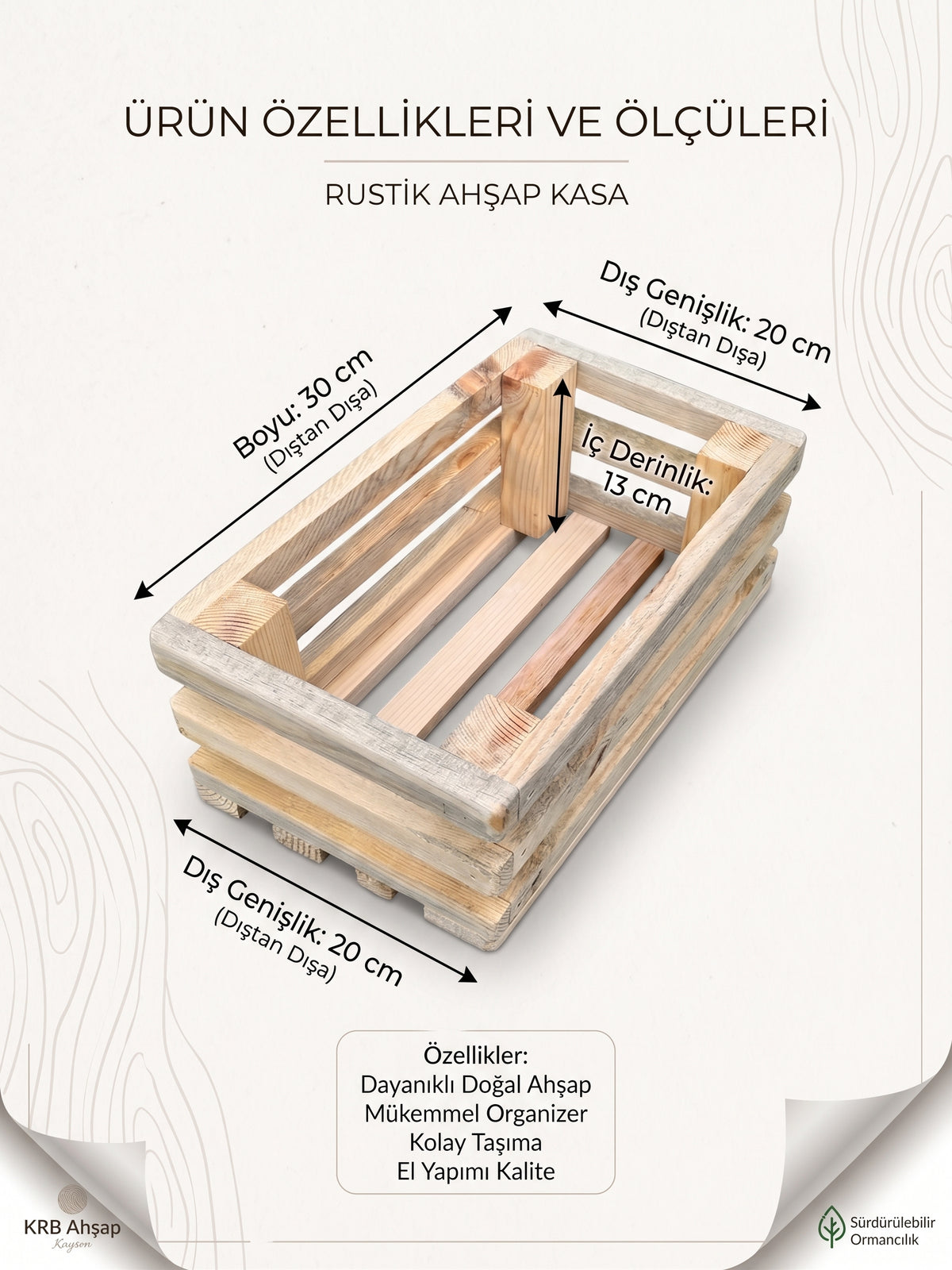 KRB Ahşap Dekoratif Rustik Ahşap Kasa - Çok Amaçlı Düzenleyici (30x20x13 cm)