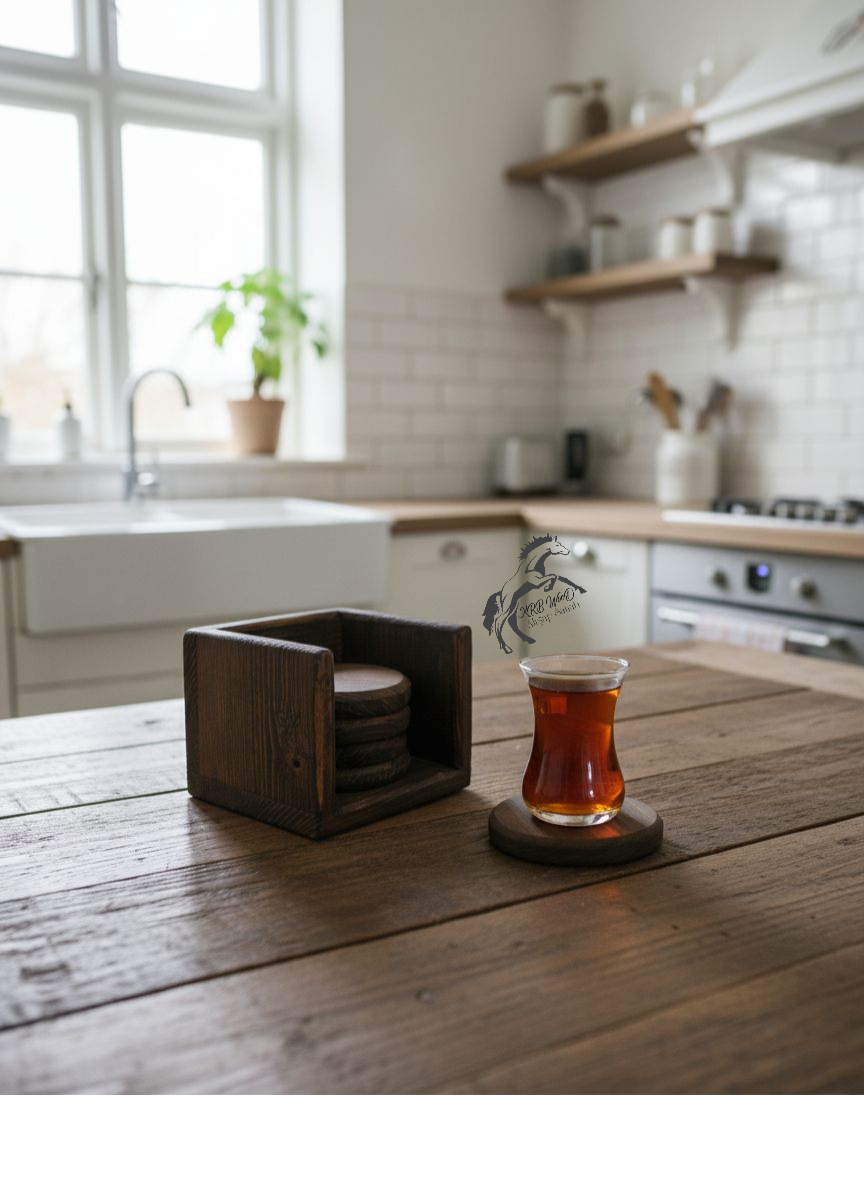 Bardak Altlığı, Ahşap Bardak Altı 6 Adet ve Stant