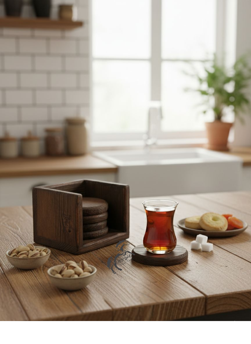 Bardak Altlığı, Ahşap Bardak Altı 6 Adet ve Stant