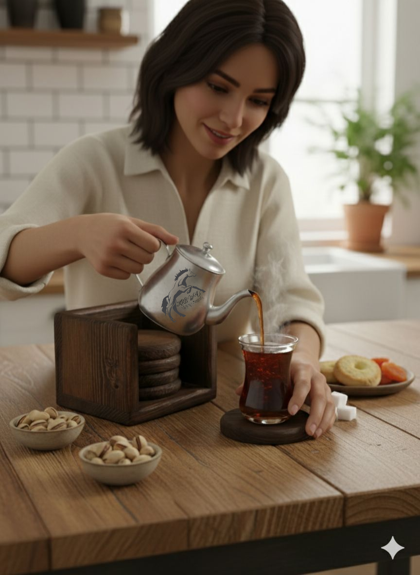 Bardak Altlığı, Ahşap Bardak Altı 6 Adet ve Stant