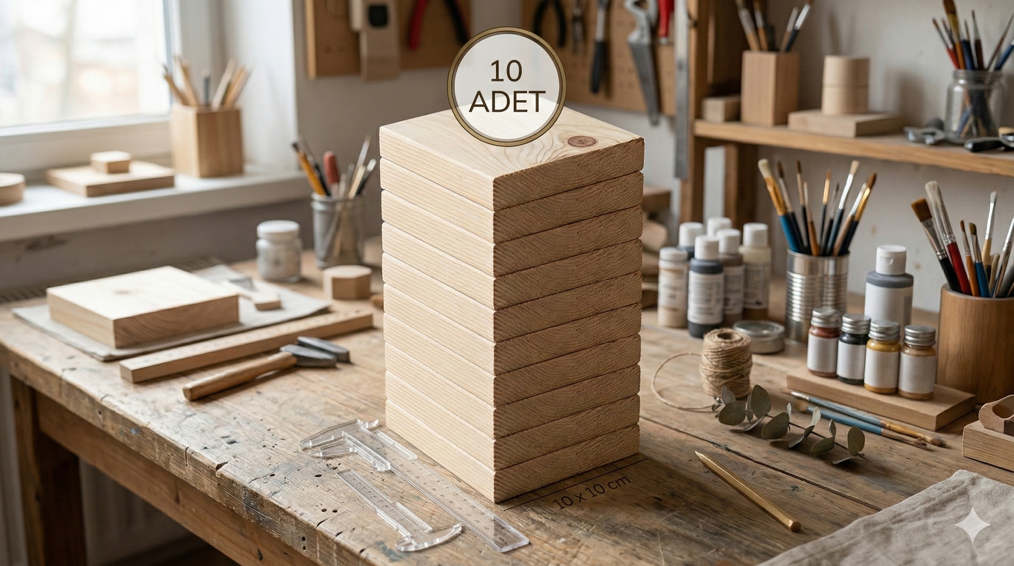 10x10 Cm Kare Ahşap Blok, Ahşap Levha, Ahşap Boyama Yakma İçin Uygun