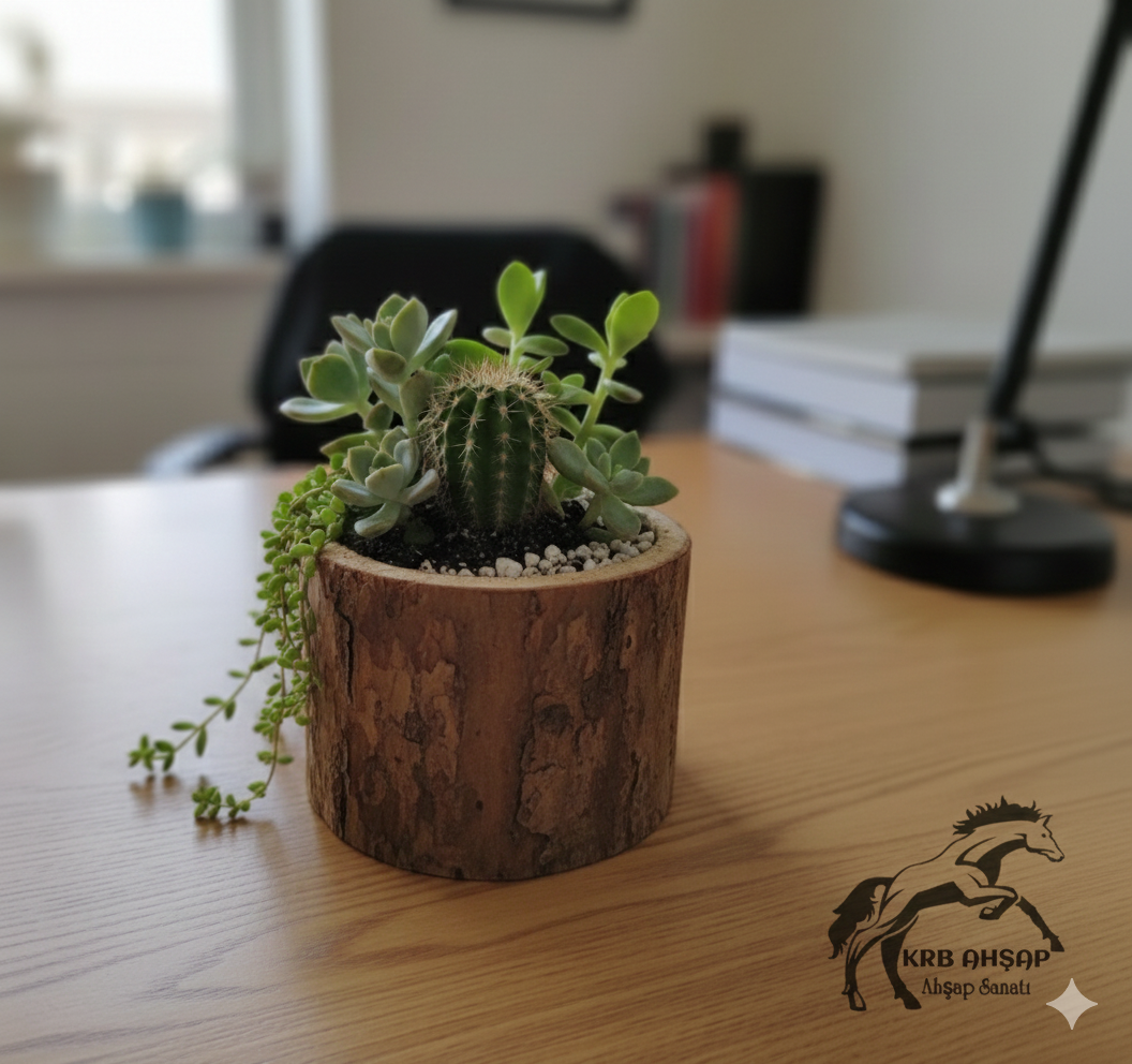 Çiçeklik, Kaktüs Saksısı, Sukulent Saksısı, Doğal Kütük Saksı, Dekoratif Saksı