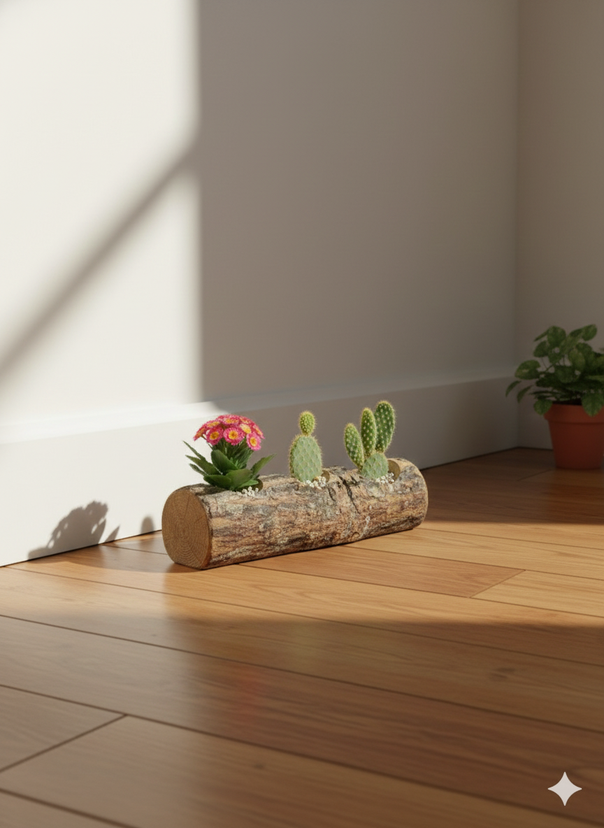 25 Cm Doğal Kütük Saksı, Kaktüs Saksısı, Mini Çiçekler İçin Dekoratif Saksı, Ahşap Saksı