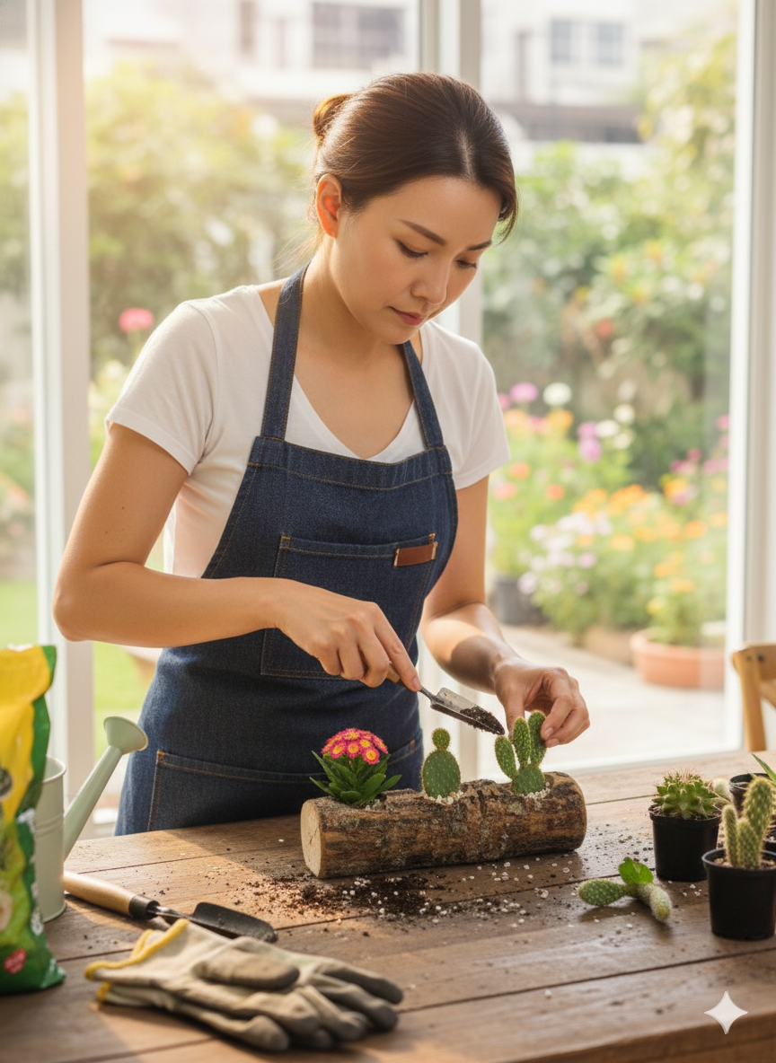 25 Cm Doğal Kütük Saksı, Kaktüs Saksısı, Mini Çiçekler İçin Dekoratif Saksı, Ahşap Saksı