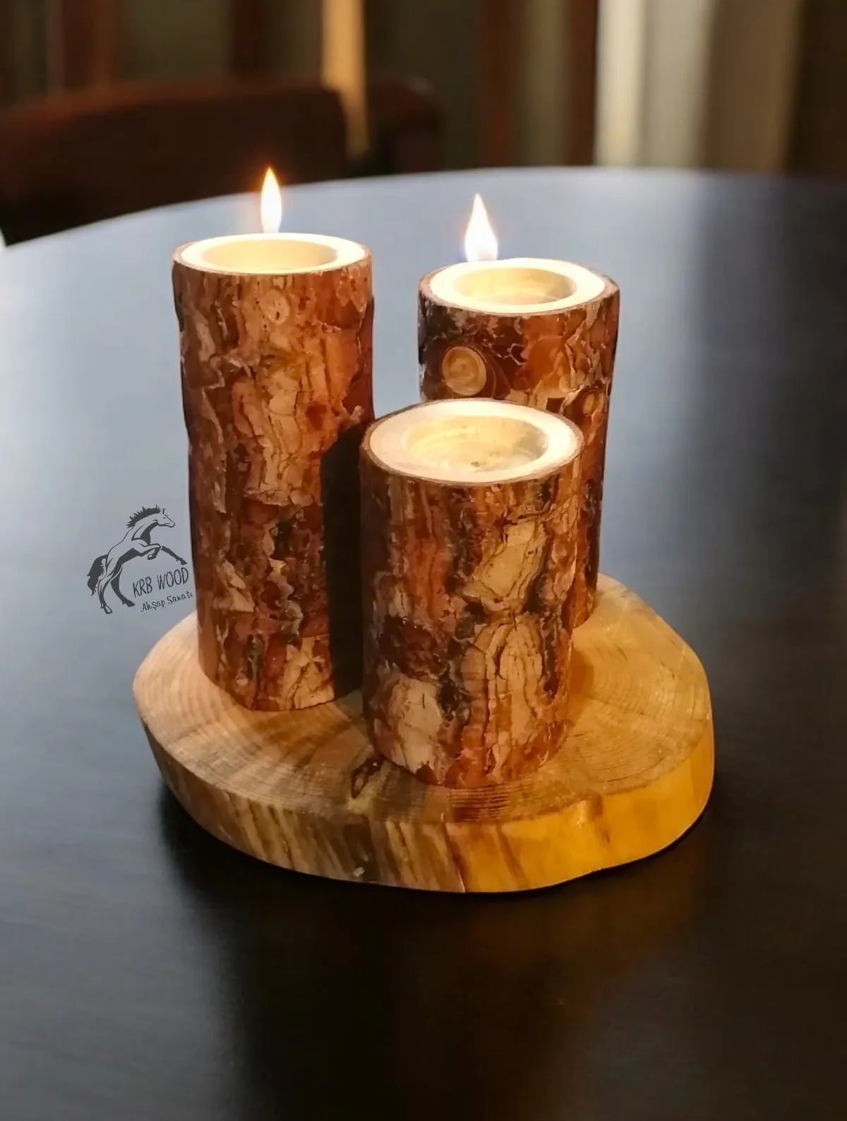 Dekoratif Mumluk, 3 Adet Kütük Mumluk, Ahşap Mumluk, Mumluk Set Ve Stand