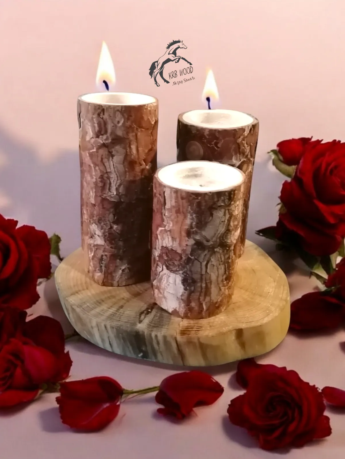 Dekoratif Mumluk, 3 Adet Kütük Mumluk, Ahşap Mumluk, Mumluk Set Ve Stand