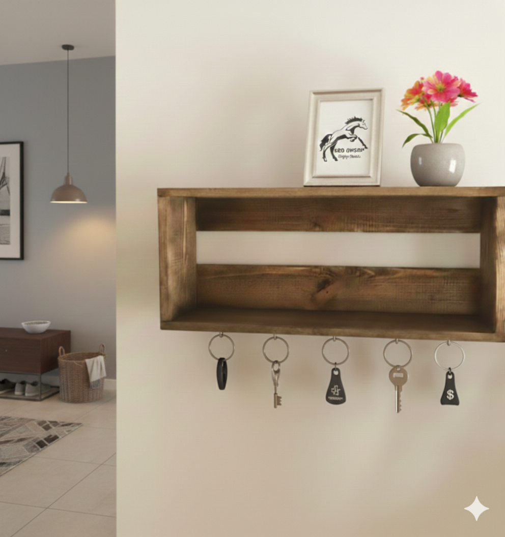 Dekoratif Duvar Rafı, Kancalı Raf, Kahverengi Raf