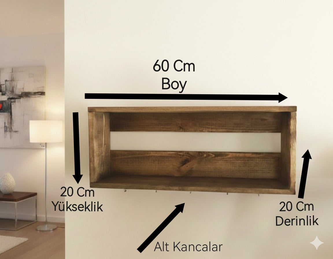 Dekoratif Duvar Rafı, Kancalı Raf, Kahverengi Raf
