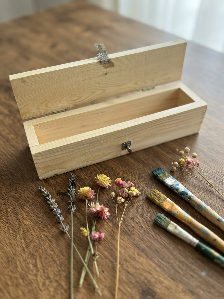 Ahşap Boyanabilir Kapaklı ve Kililenebilir Dikdörtgen Kutu 40x10 cm (Fırça ve Takı Kutusu)