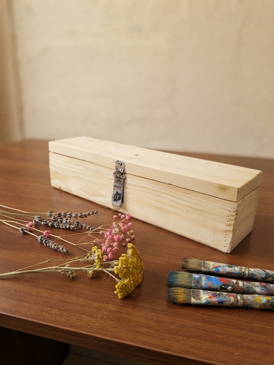 Ahşap Boyanabilir Kapaklı ve Kililenebilir Dikdörtgen Kutu 40x10 cm (Fırça ve Takı Kutusu)