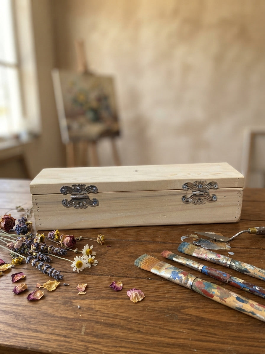 Ahşap Boyanabilir Kapaklı ve Kililenebilir Dikdörtgen Kutu 40x10 cm (Fırça ve Takı Kutusu)