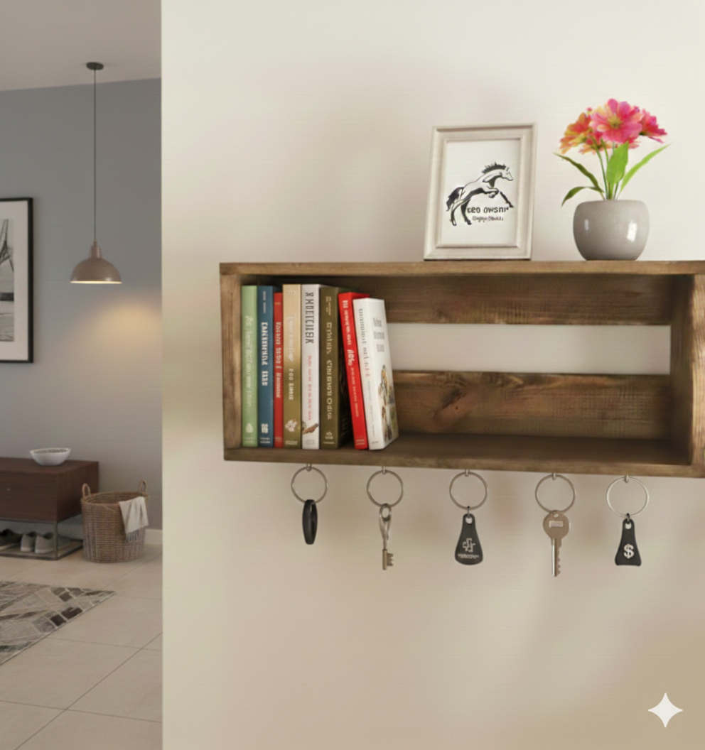 Dekoratif Duvar Rafı, Kancalı Raf, Kahverengi Raf