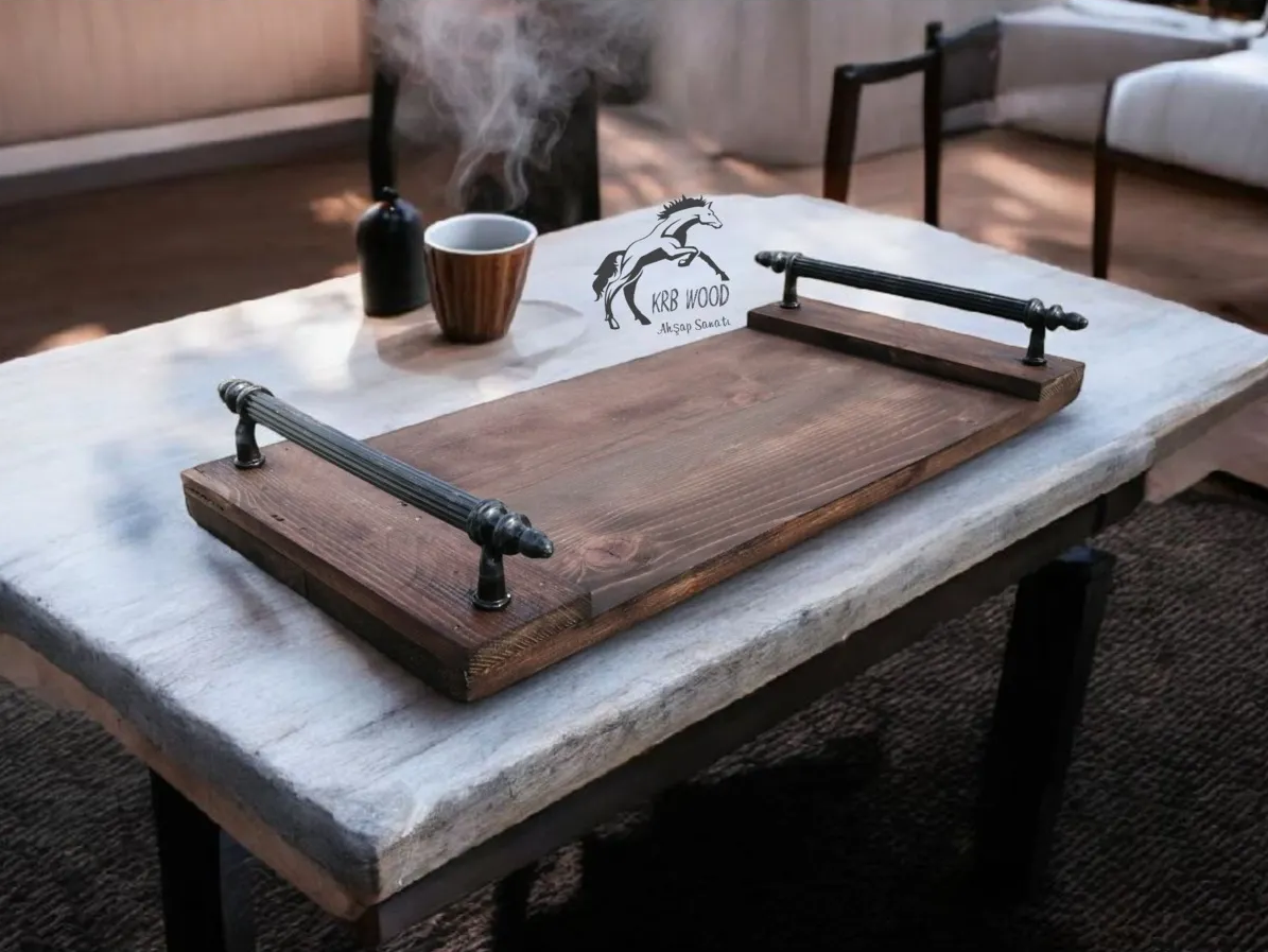 Ahşap Tepsi, Sunum Tepsisi, Kahve Çay Sunum Servis Tepsisi, Koyu Renk Ahşap Sunumluk