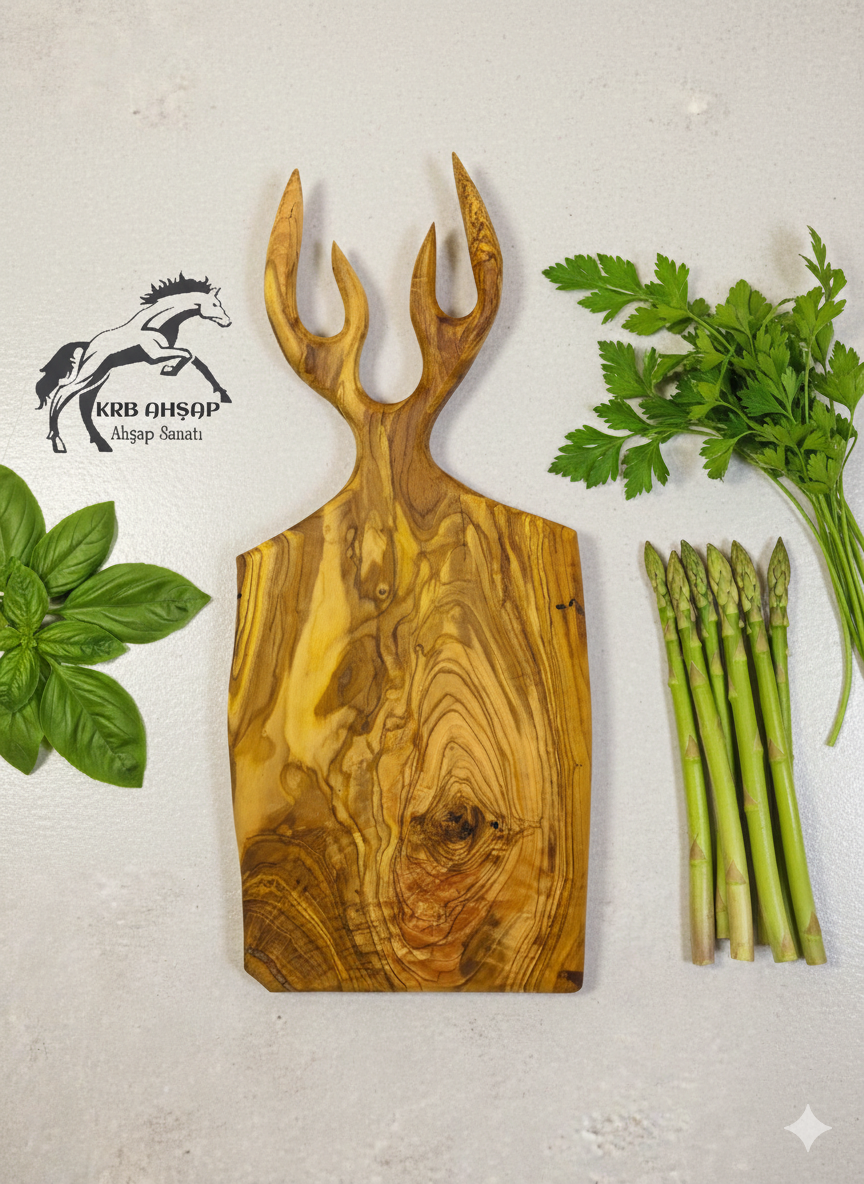 Zeytin Ağacı Geyikli Kesme Tahtası, Geyikli Sunumluk, Doğal Sunum Tahtası