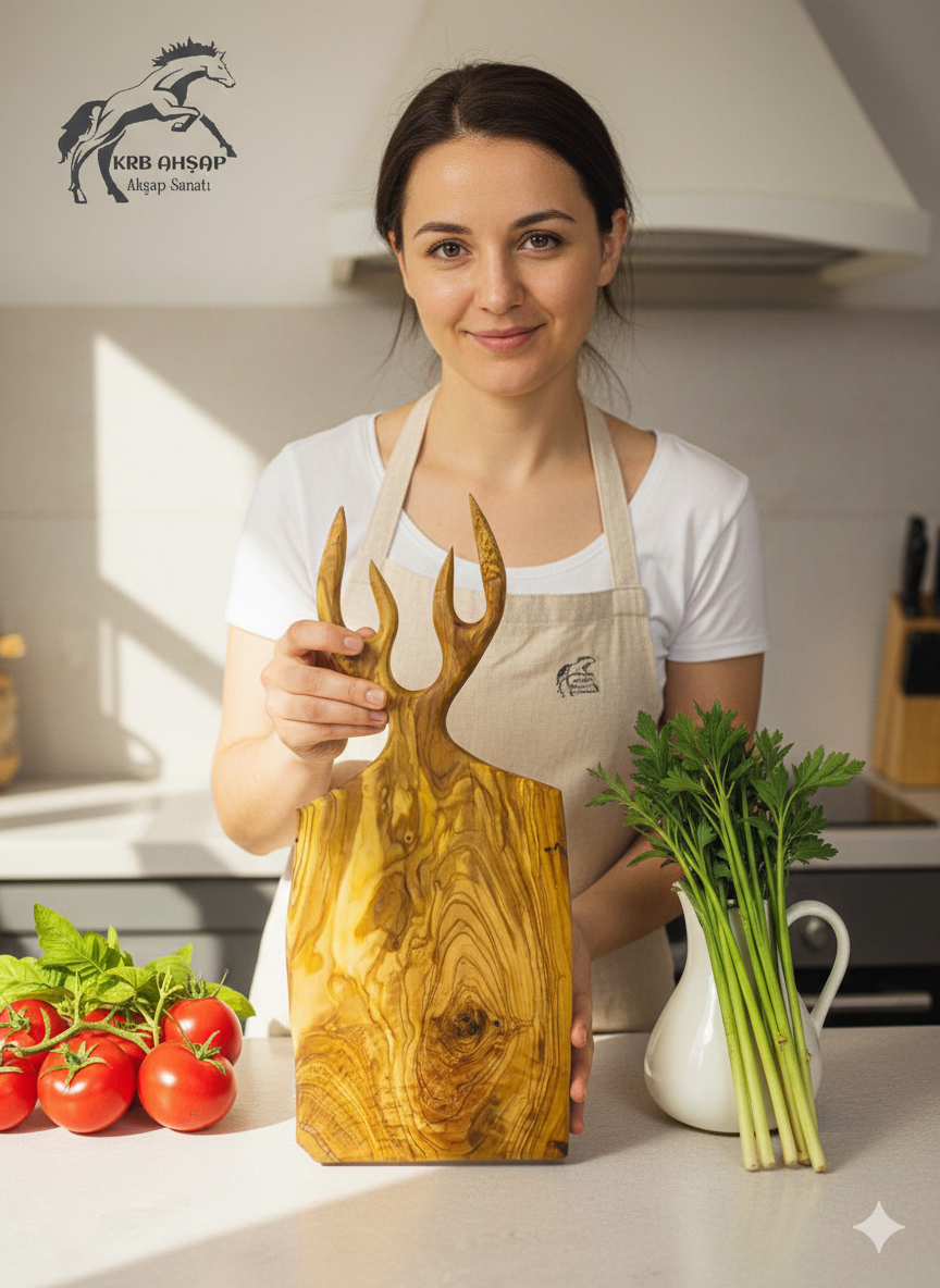 Zeytin Ağacı Geyikli Kesme Tahtası, Geyikli Sunumluk, Doğal Sunum Tahtası