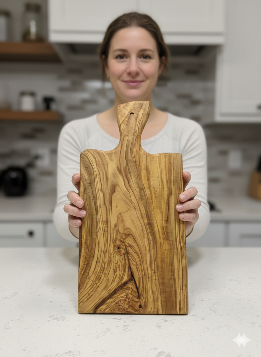 Zeytin Ağacı Kulplu Kesme Tahtası, Kulplu Sunum Tahtası, Doğal Zeytin Sunumluk